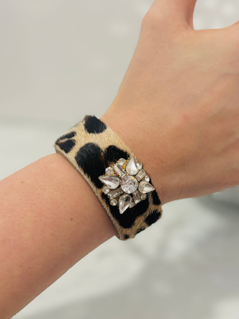 Snow Leopard Hide & Leather Cinch Cuff