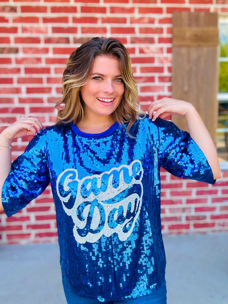 Royal Blue Sequin Game Day Jersey Top