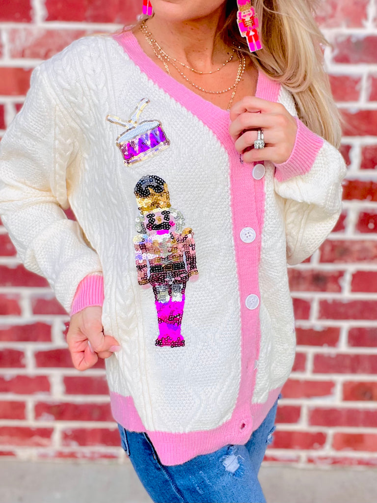 Blushing Nutcracker Sequin Knitted Cardigan