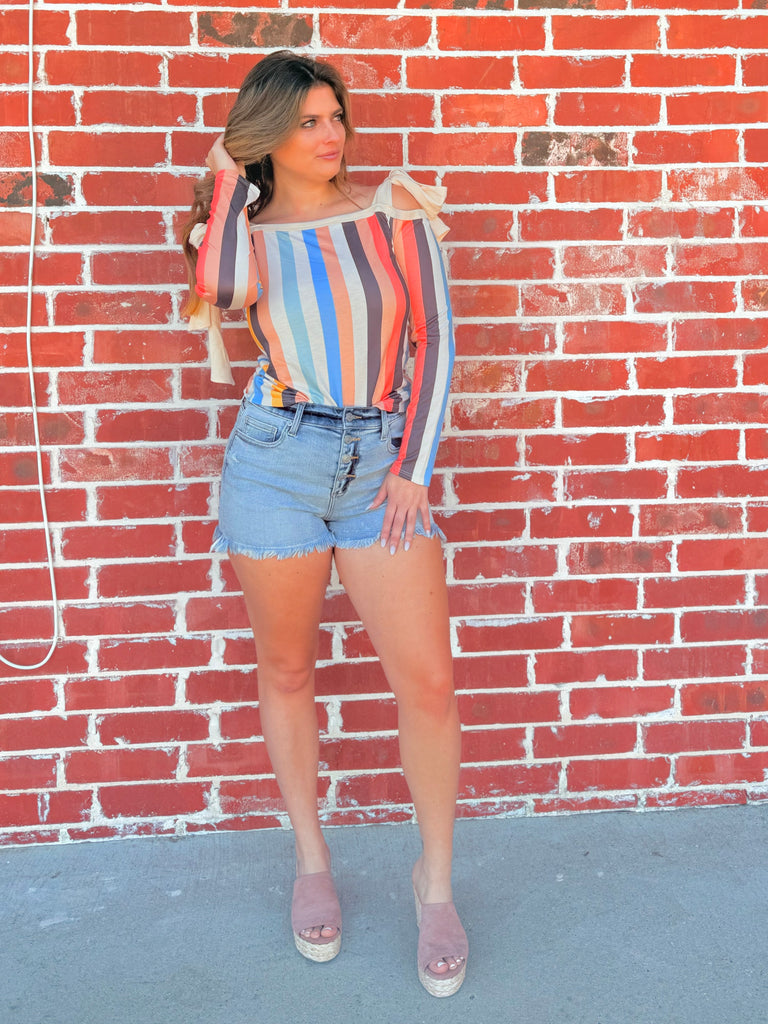 Pastel Multi Stripe Cold Shoulder Top