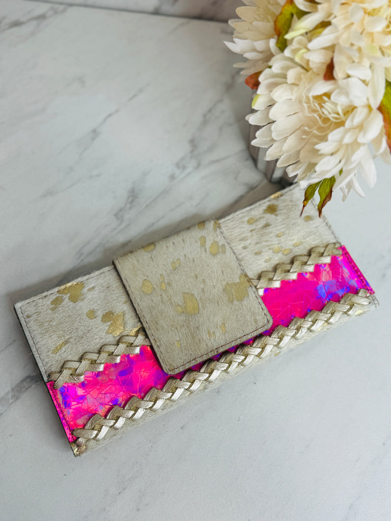 Golden Acid wash & Blush Hologram Braided Flap Wallet/Clutch