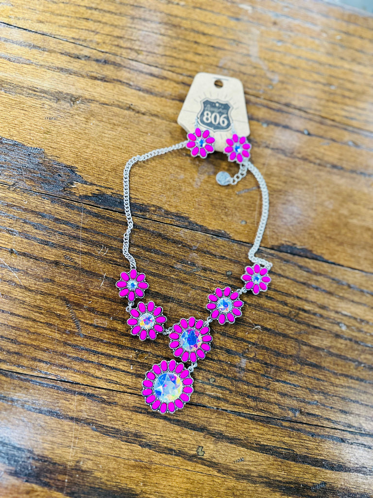 Pink & Crystal Floral Concho Necklace Duo