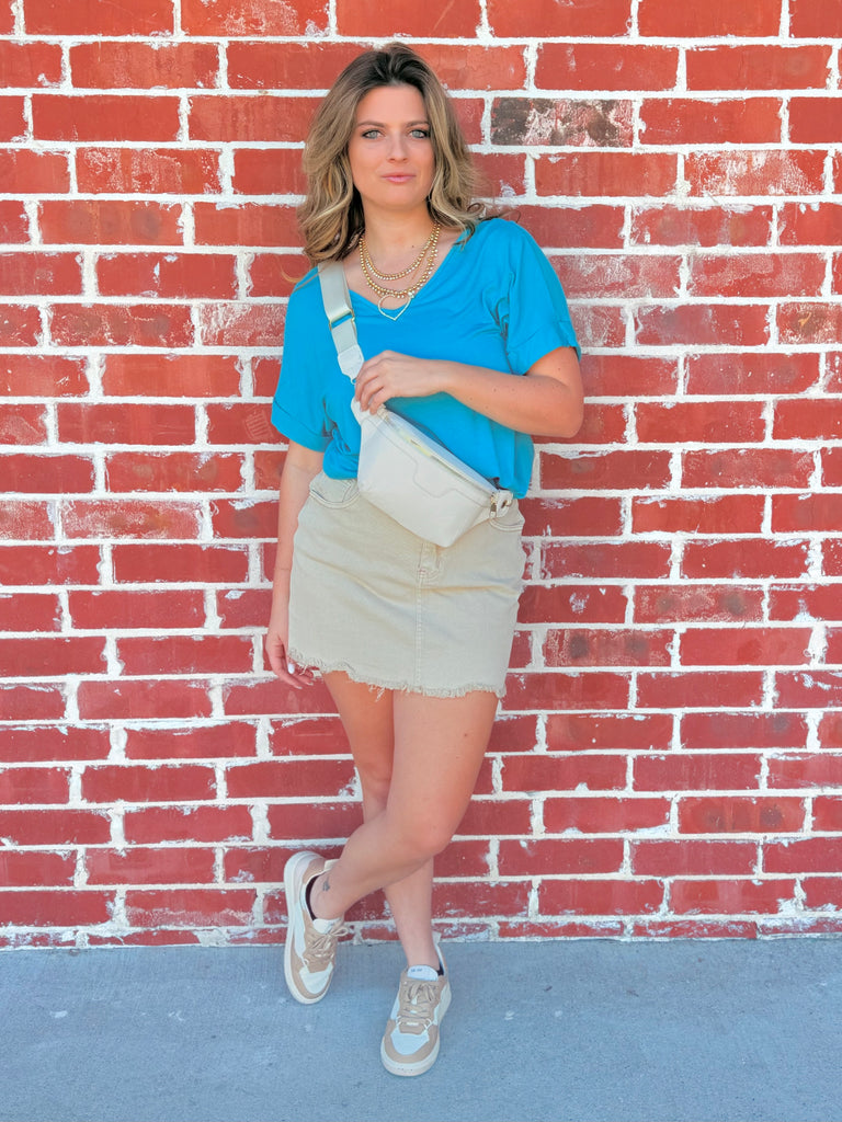 Ice Blue Cuff Sleeve V-Neck Hem Top