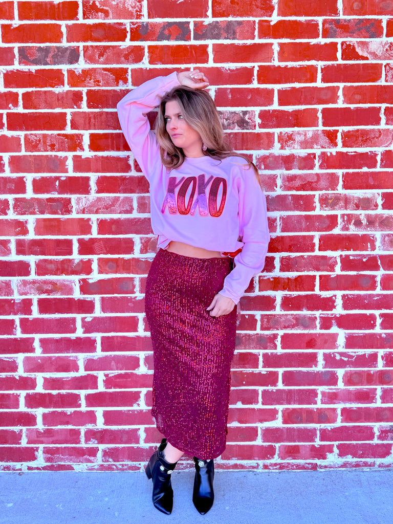 Shimmy Pinks XOXO Sequin Patch Graphic Crewneck Pullover