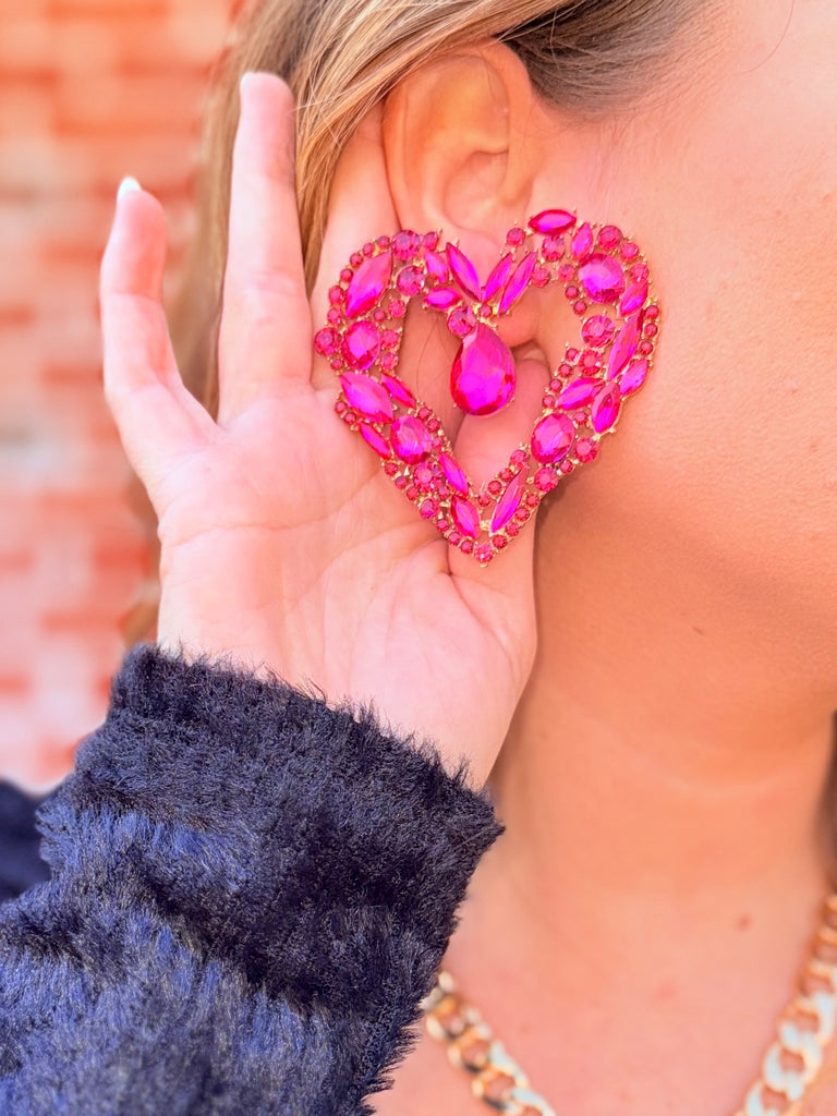 Loving Cluster Heart Crystal Earrings - Fuchsia