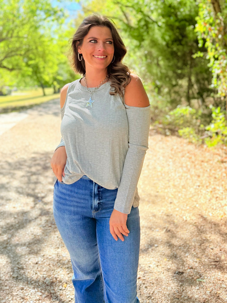 All That You Need Open Shoulder Top - Grey