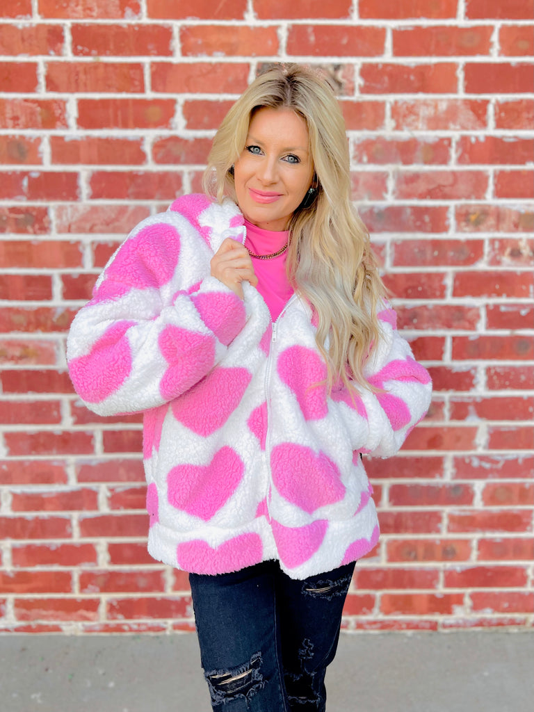 Flirtatious Hearts Sherpa Zip Up Jacket - Pink & Ivory!