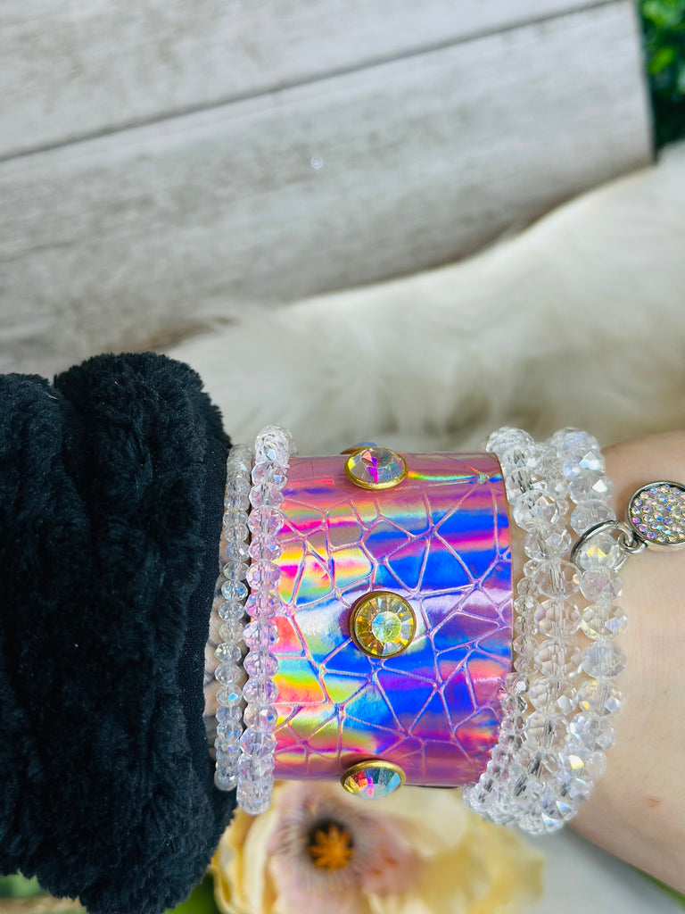 Large- Blush Pink Hologram Crystal Studded Cuff