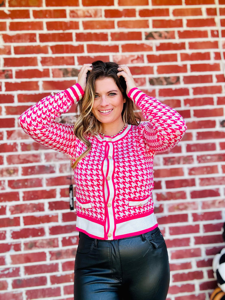 Casual Ritz Houndstooth Sweater Top - Fuchsia