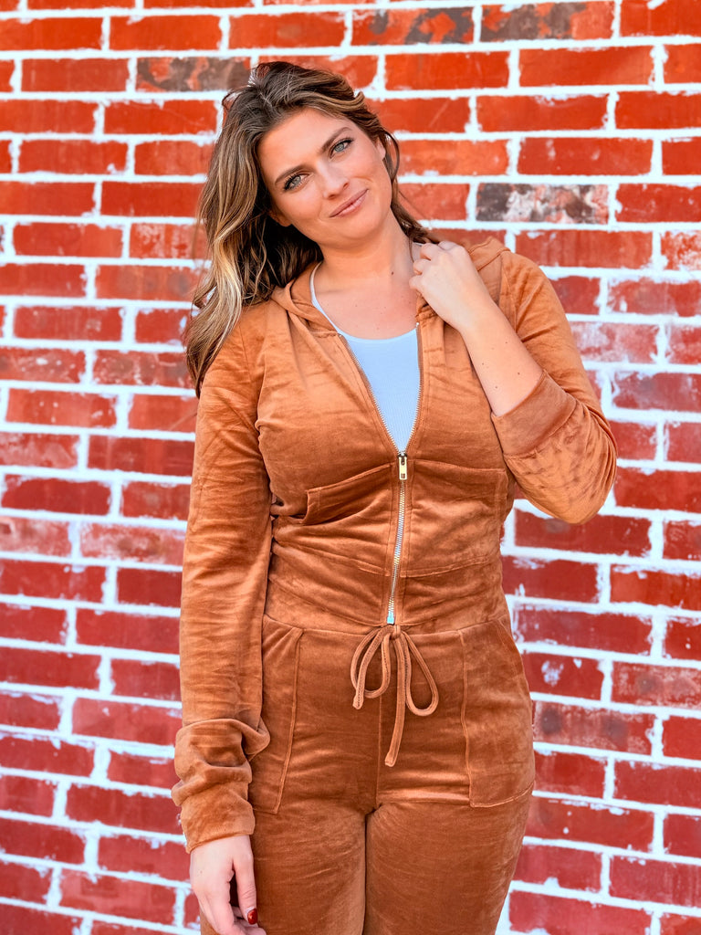 The Luxe Velour Zip Crop Hoodie in Mocha