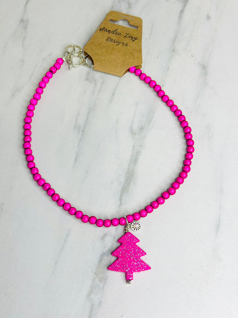 Whimsical Christmas Tree Pendant Necklace - Hot Pink