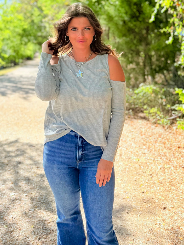 All That You Need Open Shoulder Top - Grey