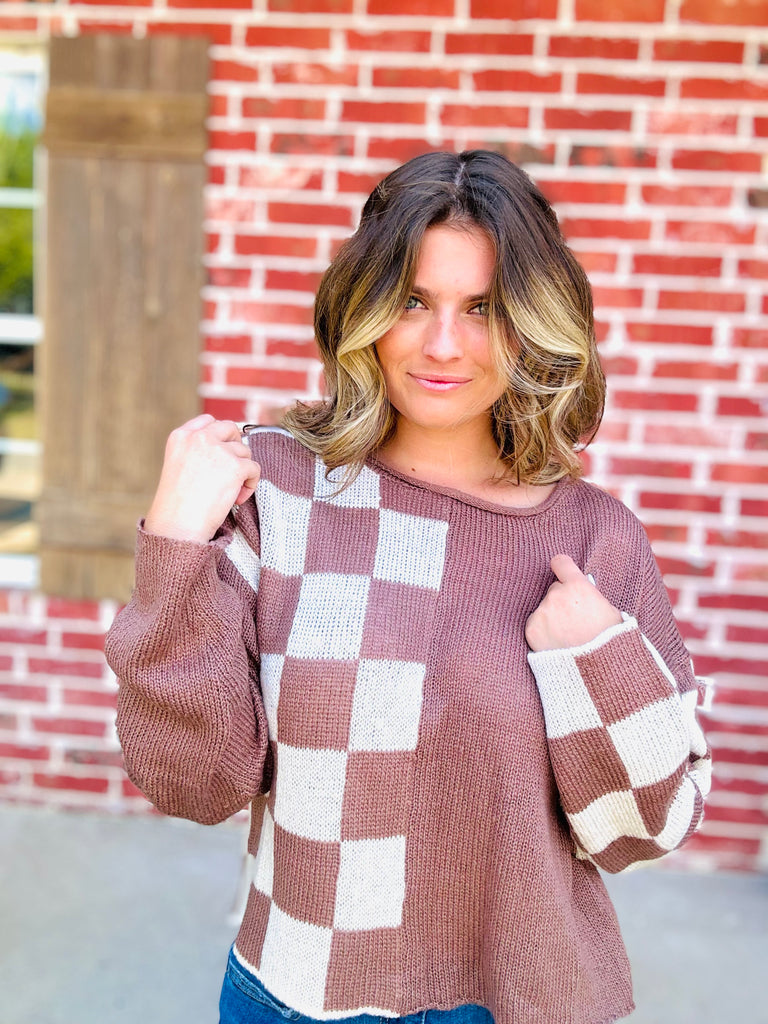 Mocha & Ivory Checkmate Color Chop Sweater