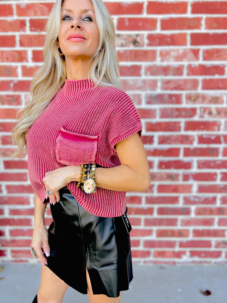 Cabernet Washed Mock Neck Sweater Top