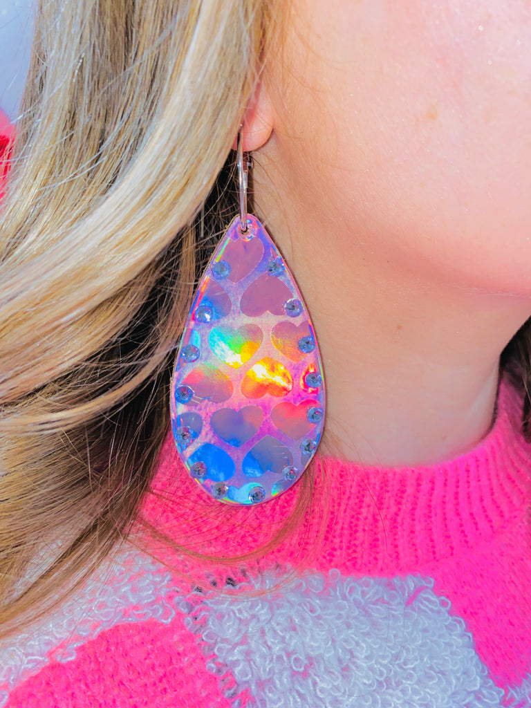 Pink Chic Heart Hologram AB Leather Earrings