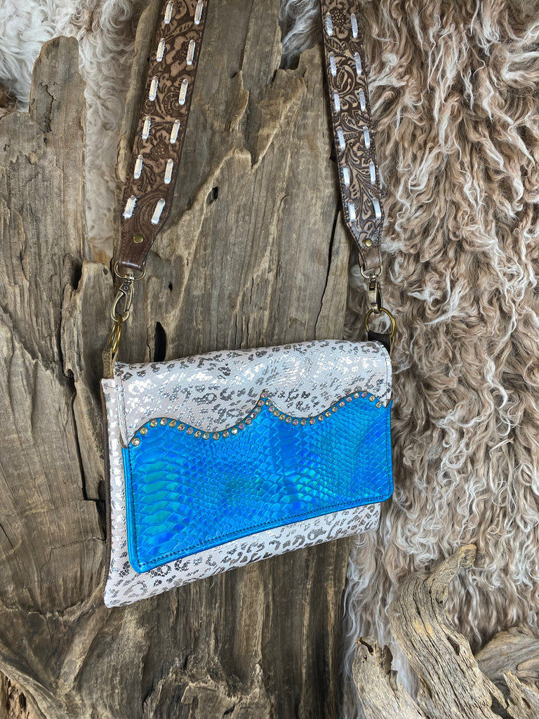 Metallic Blue Viper & Champagne shimmer AB studded Leather/Hide Maxine Purse