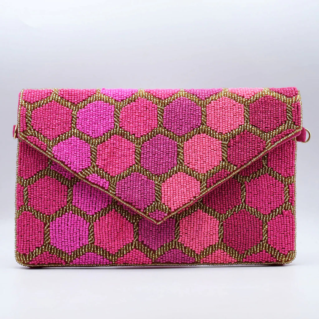 Disco Pink Beaded Clutch and Crossbody Purse