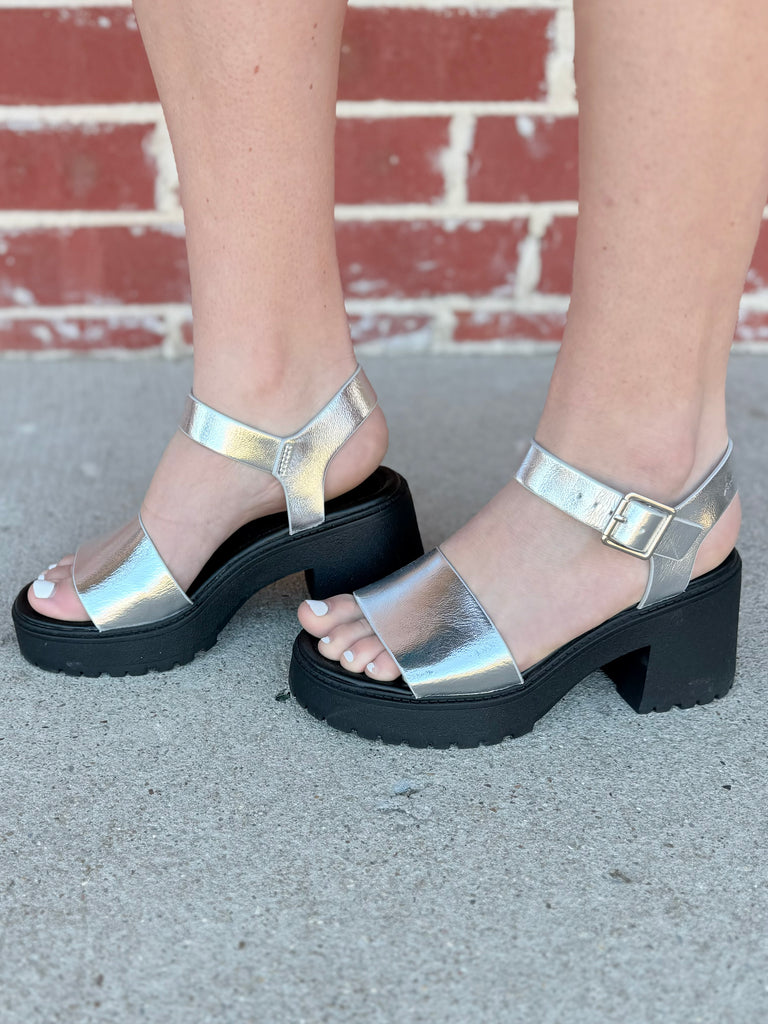 Black & Silver Shining Summer Platform Block Heels