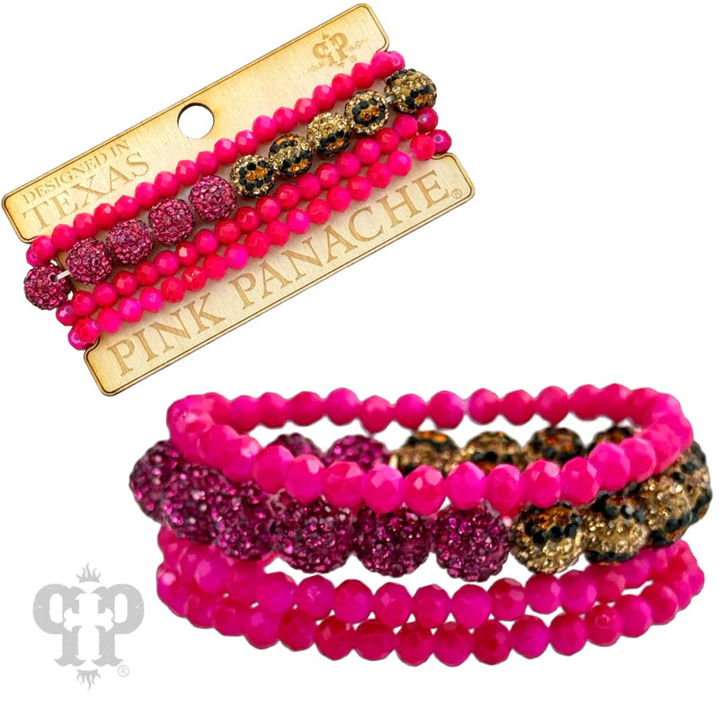 Fuchsia in Leopard Mixed Beaded Bracelet Set