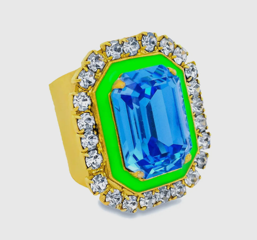 Marsh Swarovski Ring in Electric Green Blue Clear