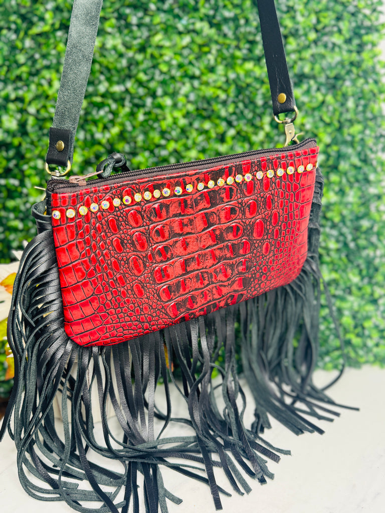 The Perfect Red Cuban Leather Olive Fringed Crossbody