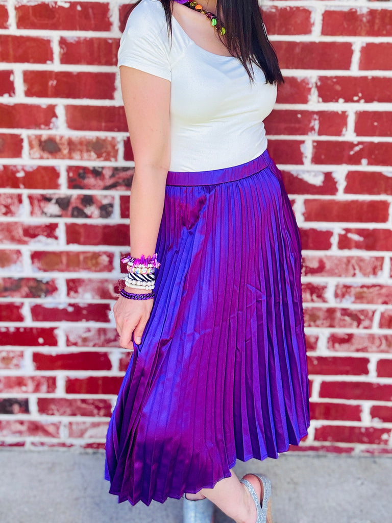 Pleated A-Line Satin Feel Midi Skirt- Purple