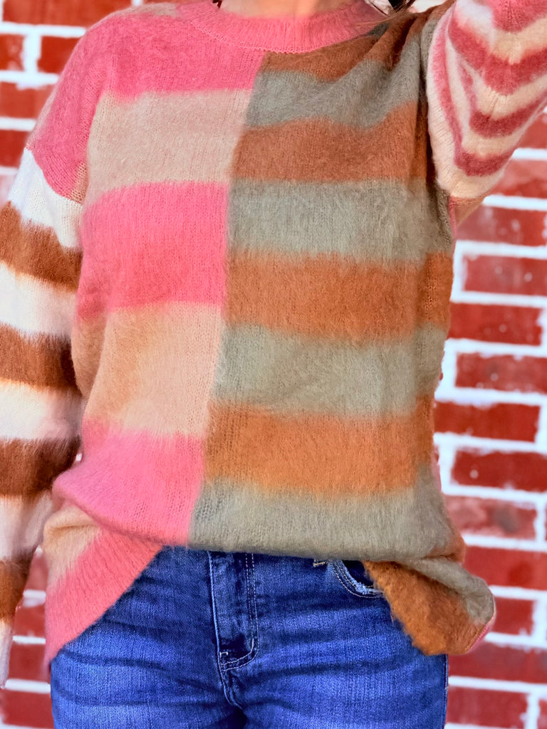 Cozy Mocha Stripe Oversized Fuzzy Knit Sweater