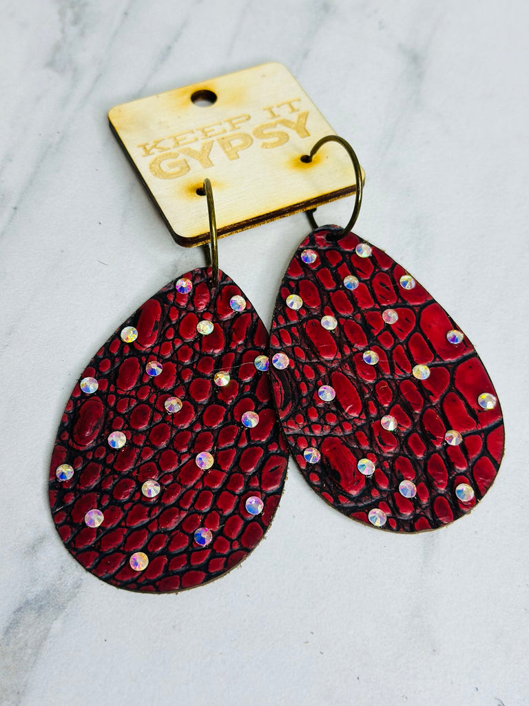 Vintage Red Cuban Leather Teardrop Earrings