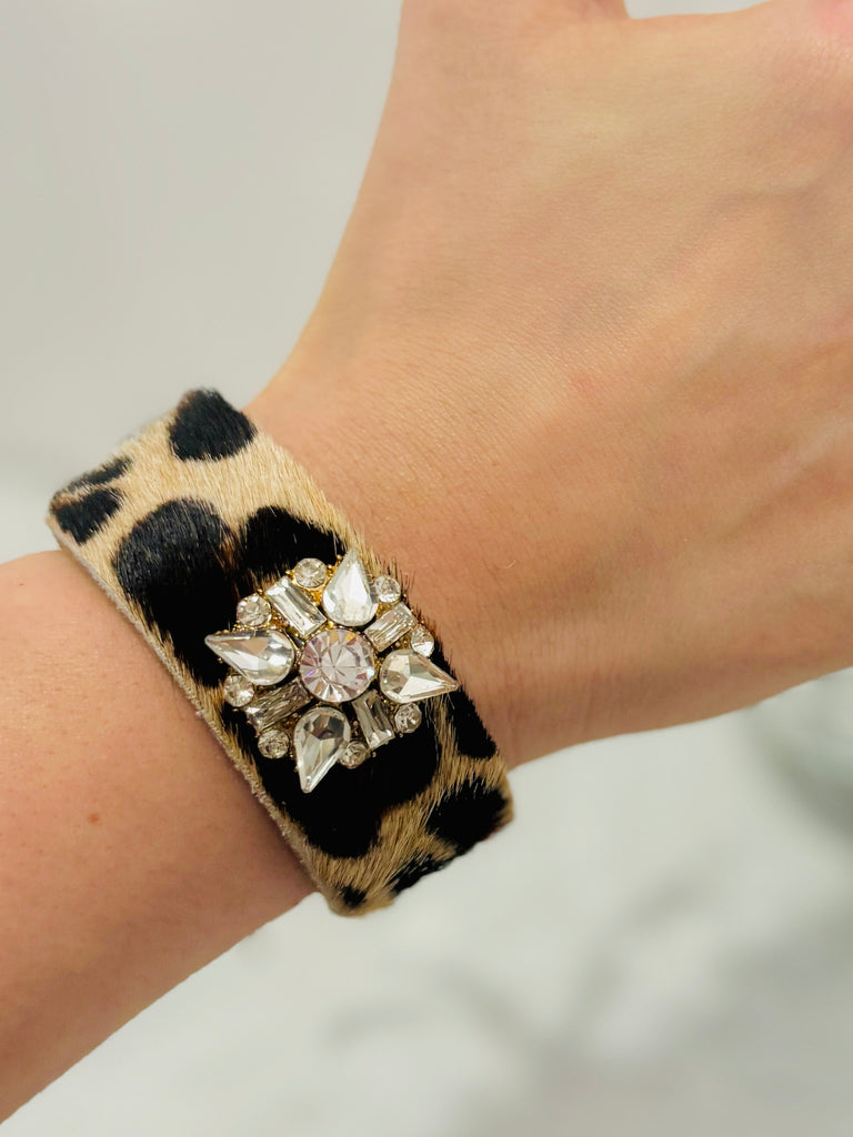 Snow Leopard Hide & Leather Cinch Cuff