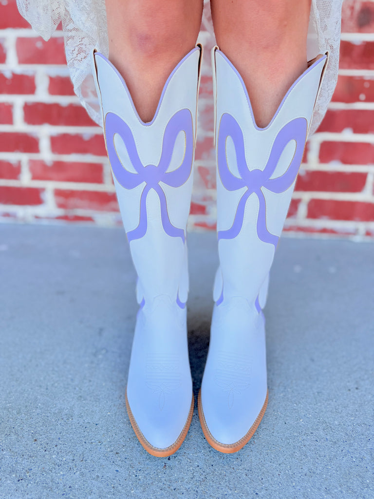 The Ruby Lavender Bow Tooled White Western Knee High Cowboy Boots