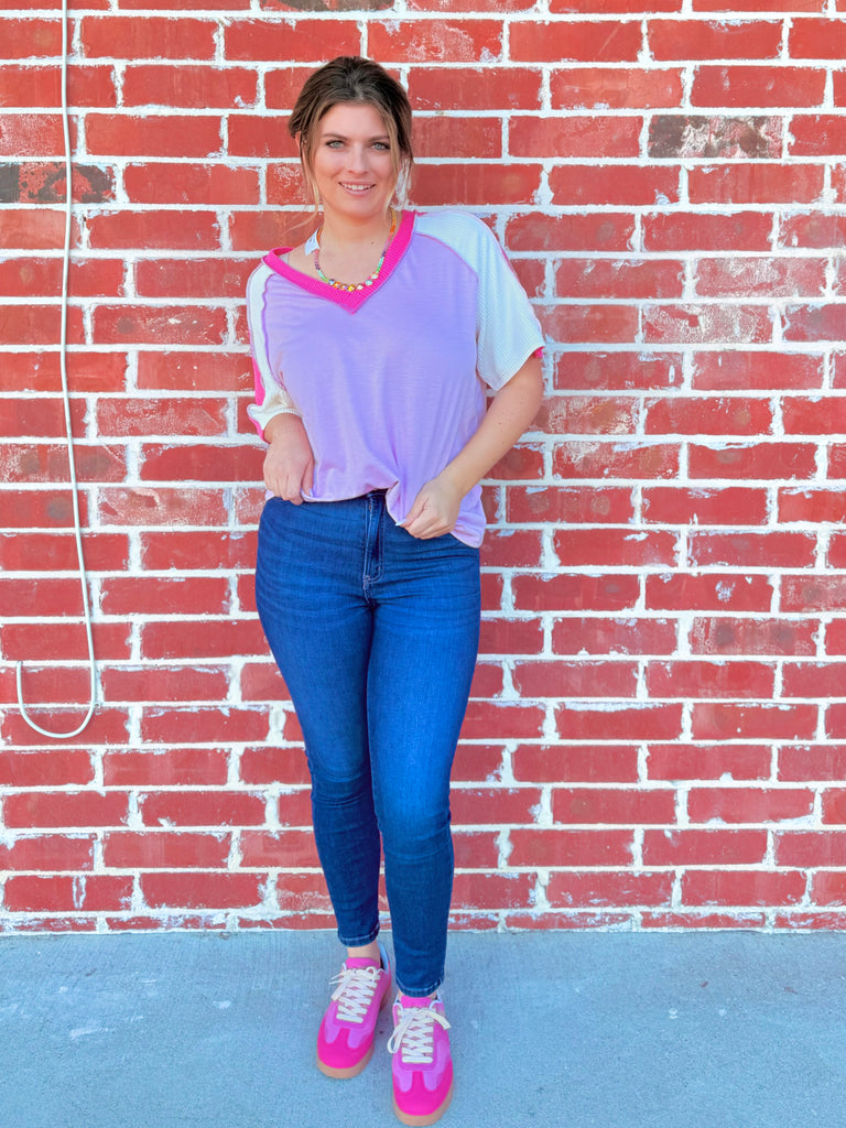 Pink Jersey Knit V-Neck Top with Cord Rib Combo