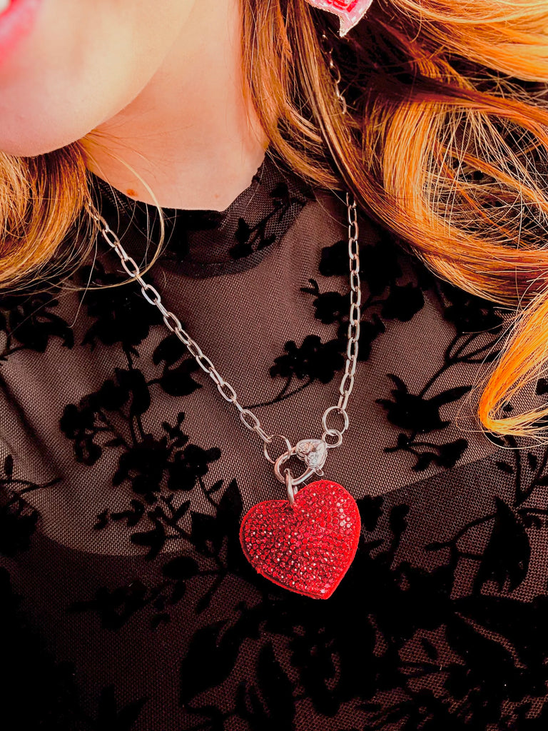 Hearts of Joy Crystal & Vintage Silver Link Necklace - Red