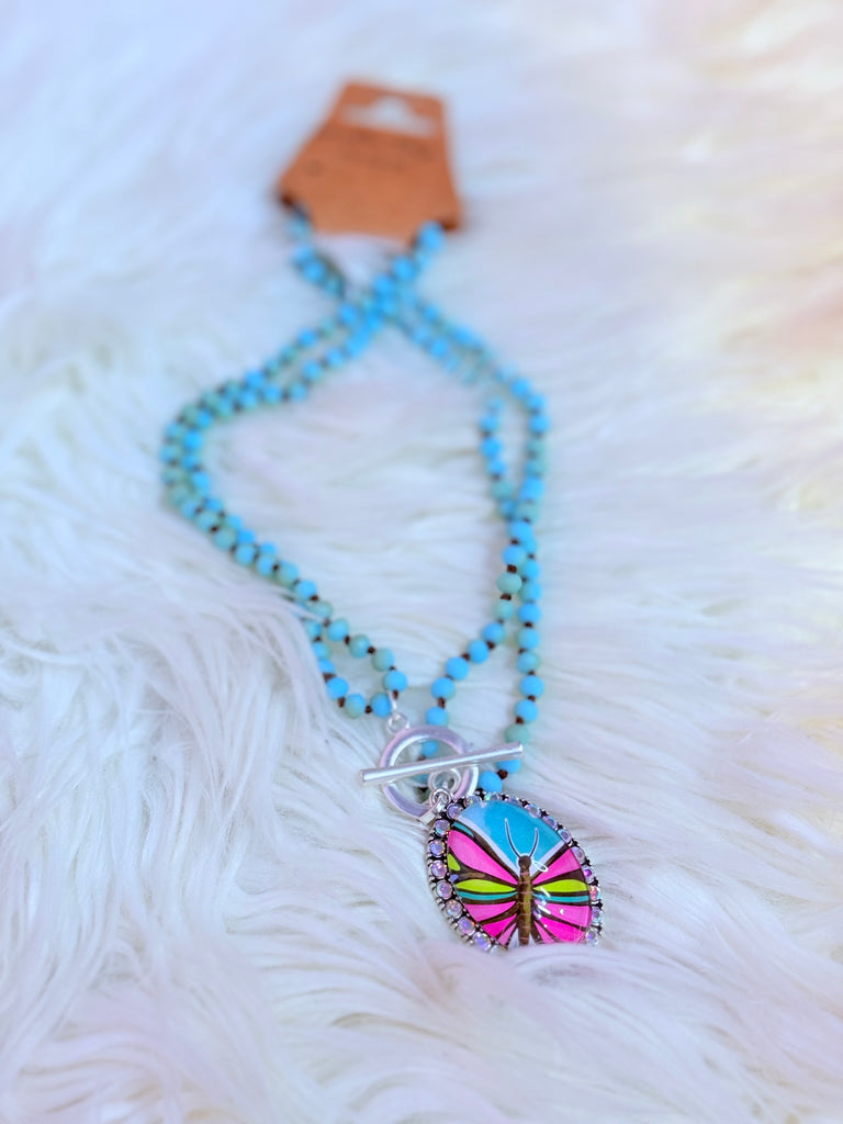 Western Teals Beaded Spring Wings Charm Necklace