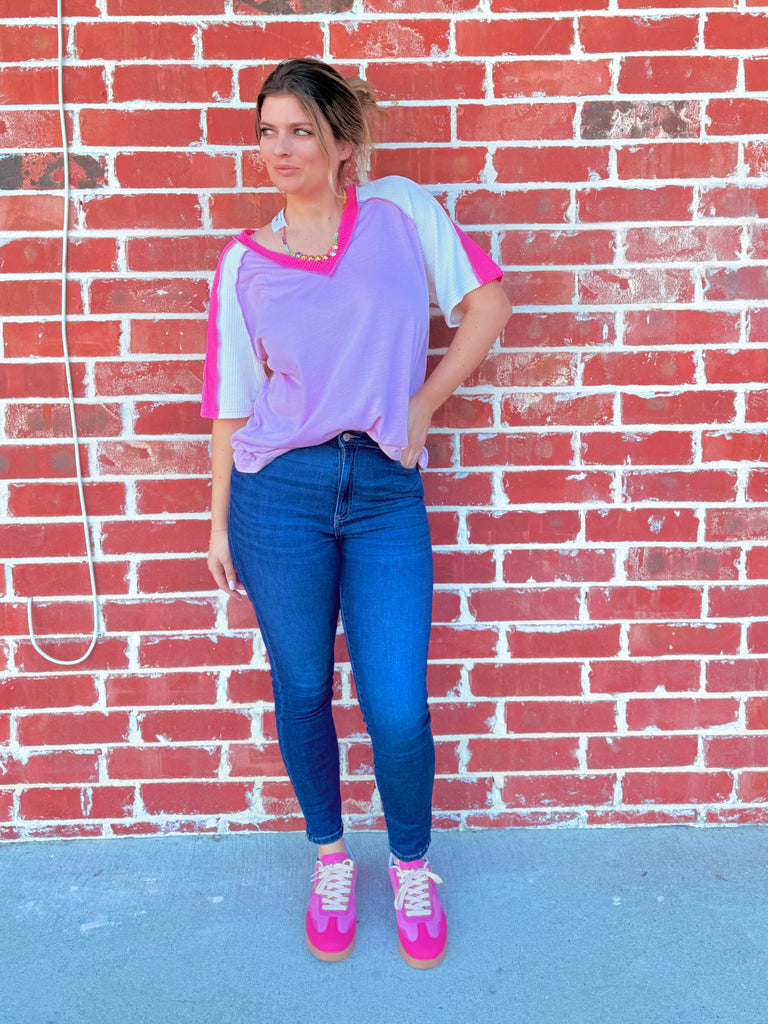 Pink Jersey Knit V-Neck Top with Cord Rib Combo