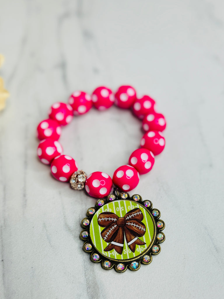 Pink Dotted Bow Tied Football Beaded Bracelet