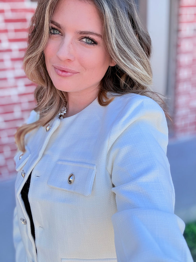 Elizabeth Button Cuffed Sleeve Blazer in Ivory