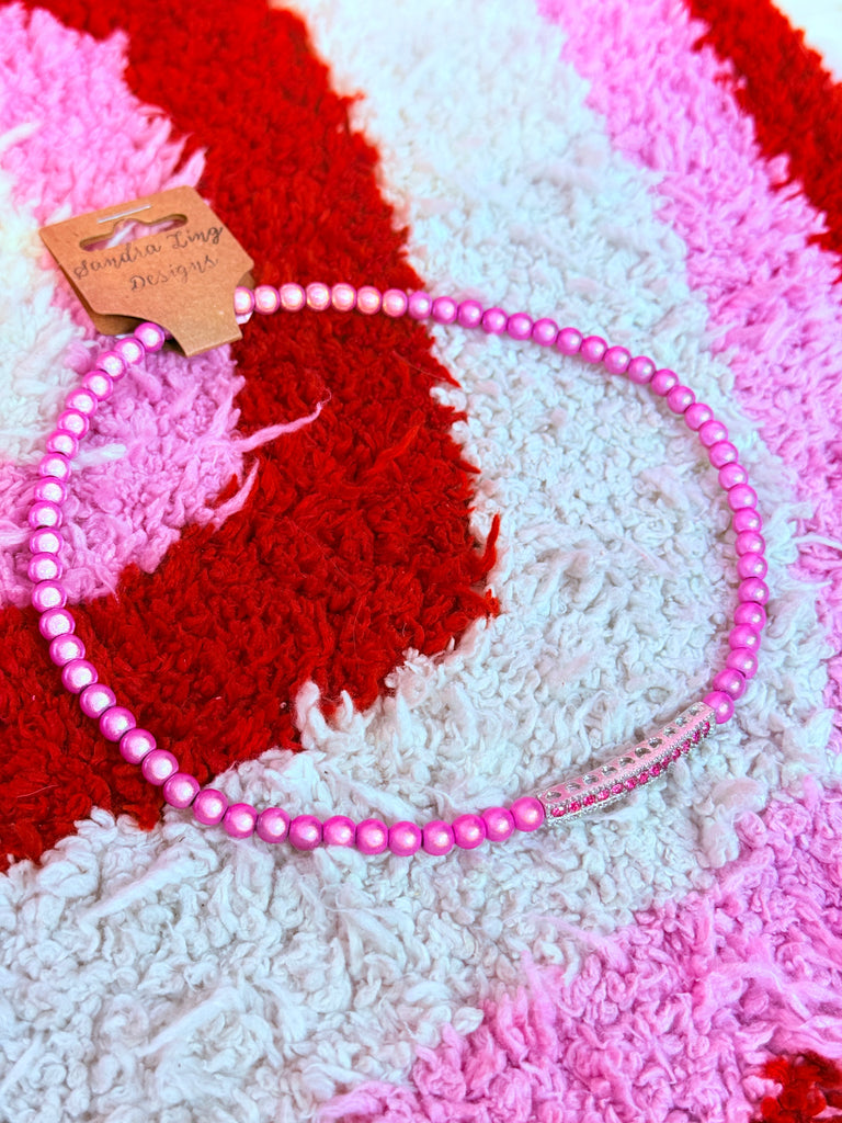 Bubblegum Beaded Silver Crystal Bar Necklace