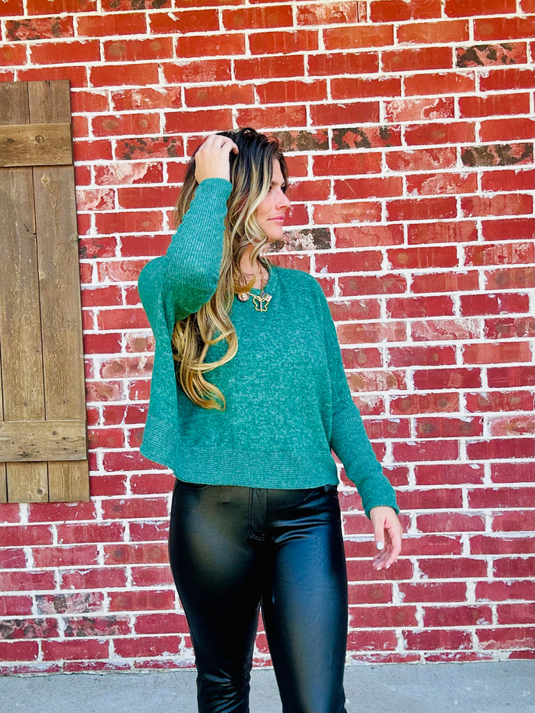 Dark Green Hacci Dolman Sleeve Sweater