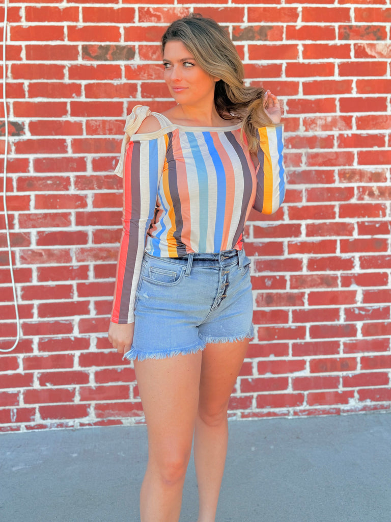 Pastel Multi Stripe Cold Shoulder Top