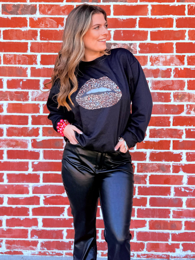 Add the Drama Leopard Lips Long Sleeve Crewneck Top