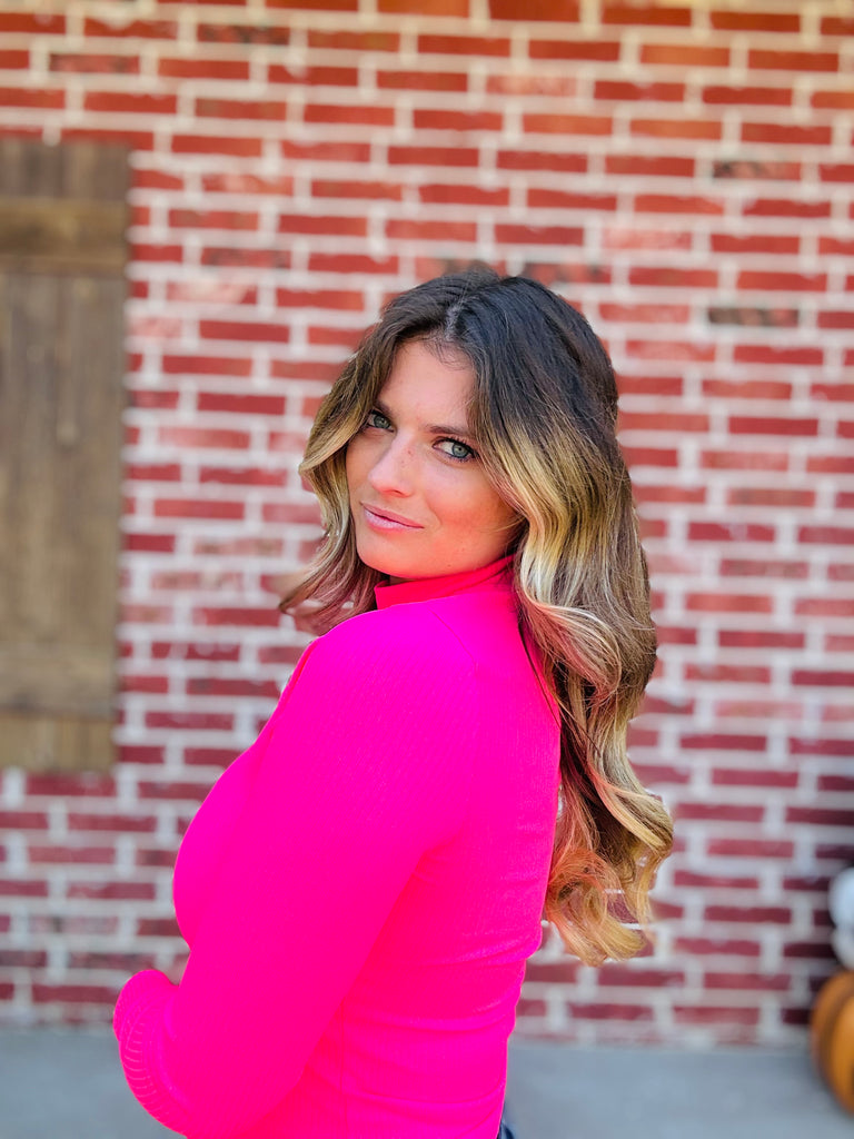 Hot Pink Mock Neck Ribbed Top