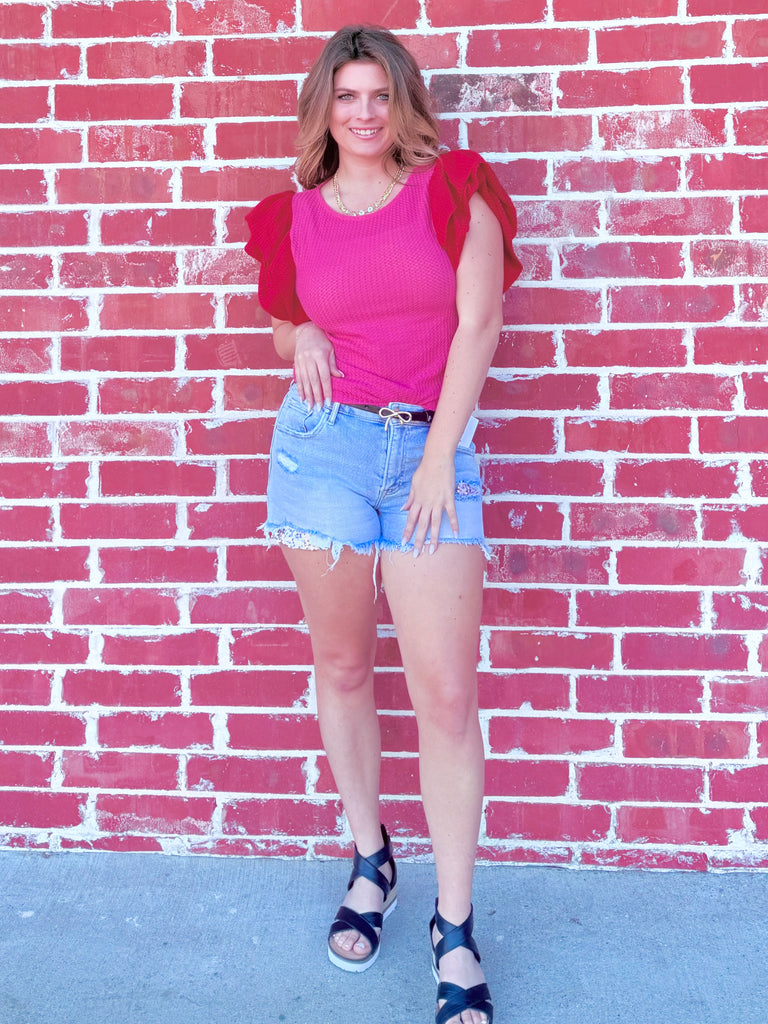 Waffle Knit Color Block Top with Ruffled Sleeves - Pink & Red