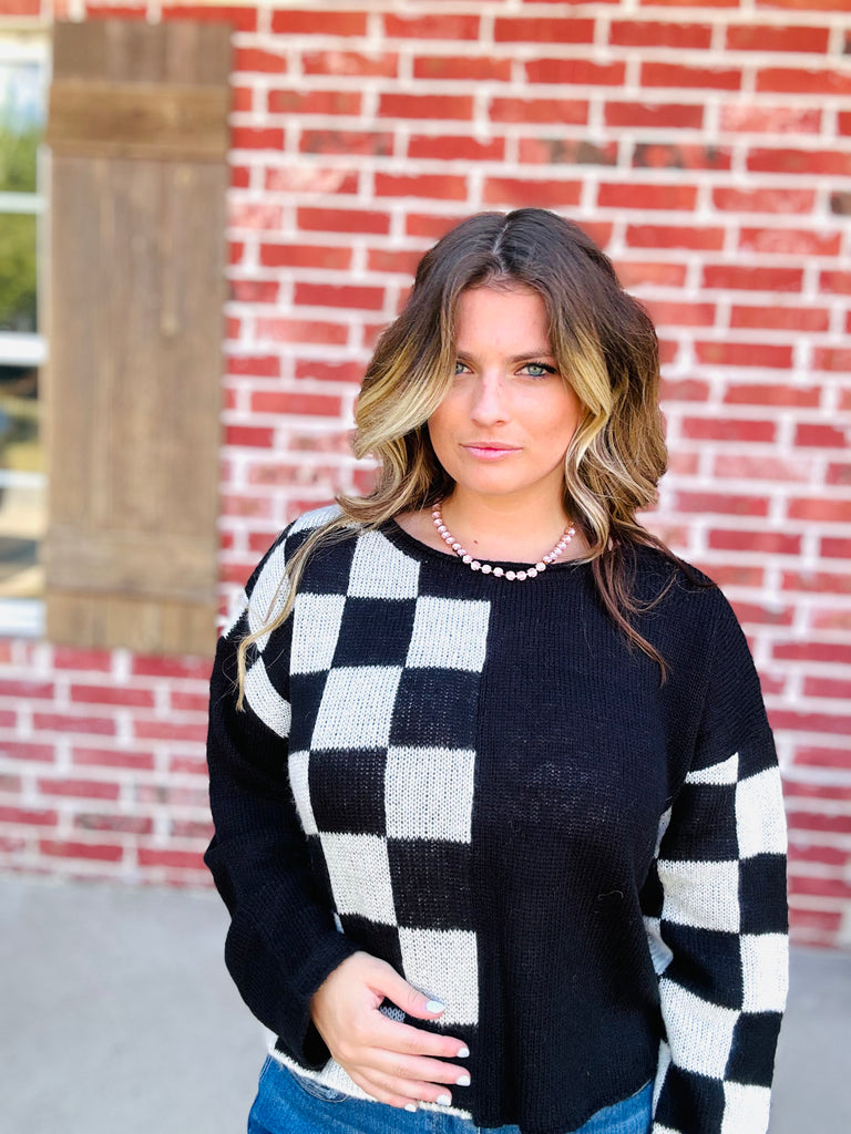 Black & White Checkmate Color Chop Sweater