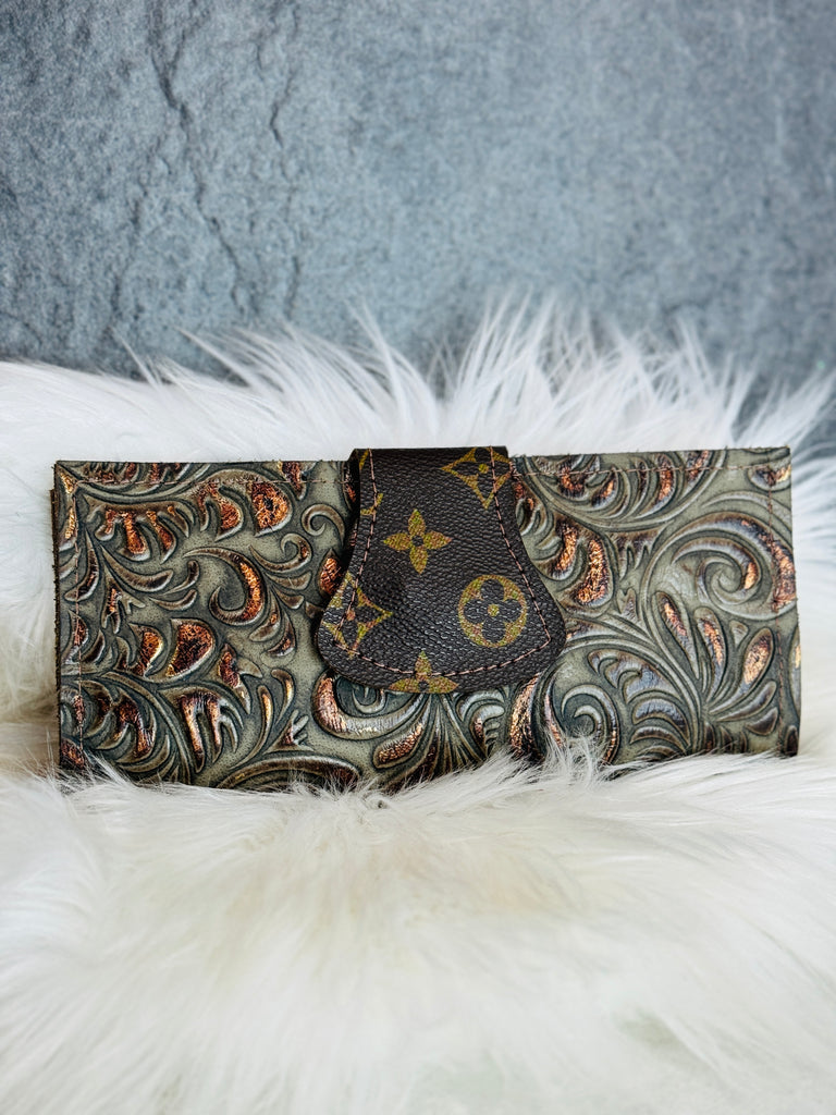 Tooled Umber & Brass Leather Small Wallet/Clutch