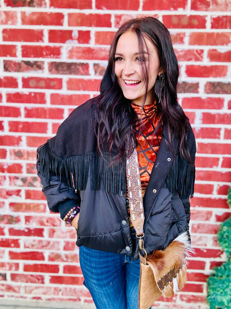 Midnight Ya'll Fly Fringe Puff Jacket