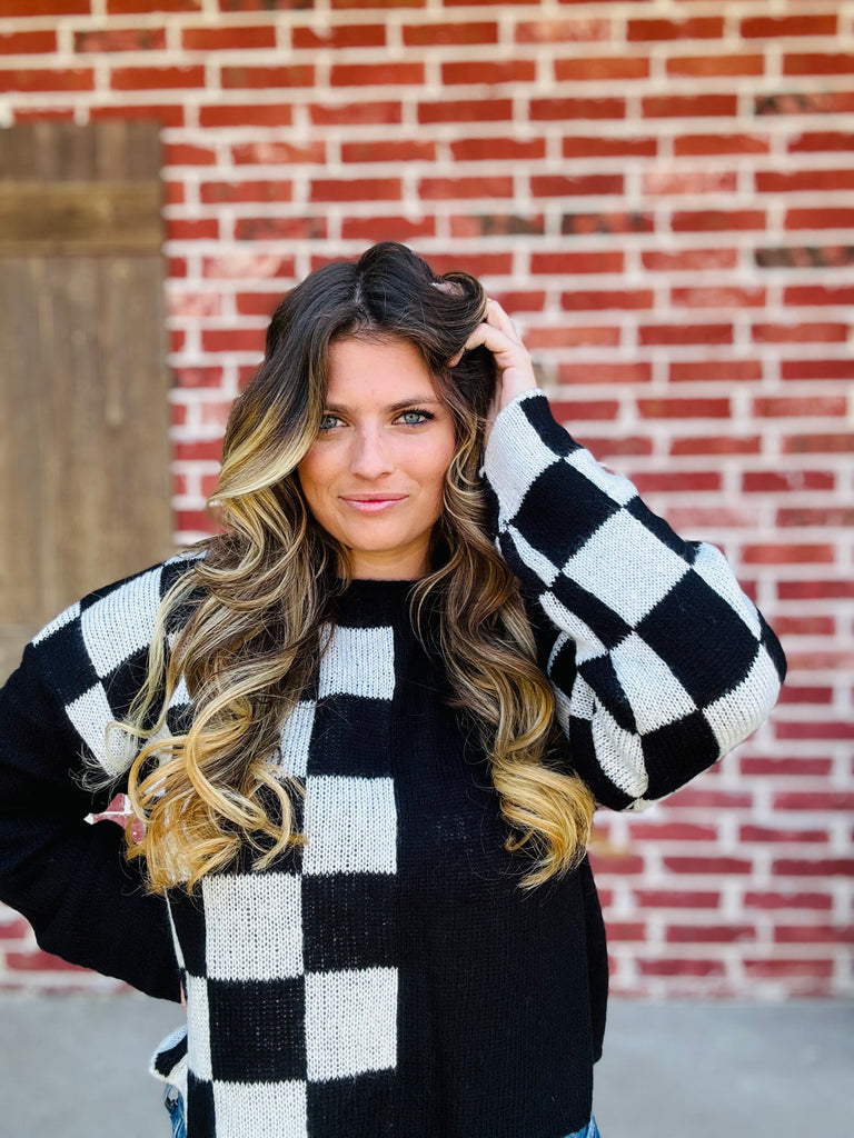 Black & White Checkmate Color Chop Sweater