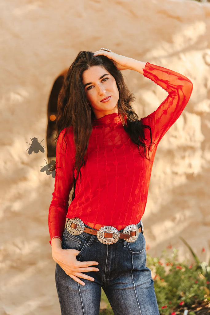 Lariat Lace Long Sleeve Mesh Top by 2Fly - Red