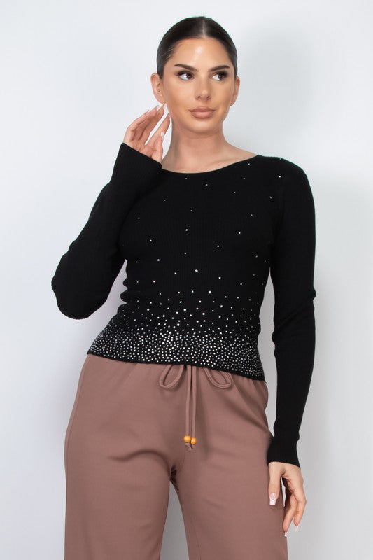 Michelle Chic Black Ribbed Rhinestone Sweater