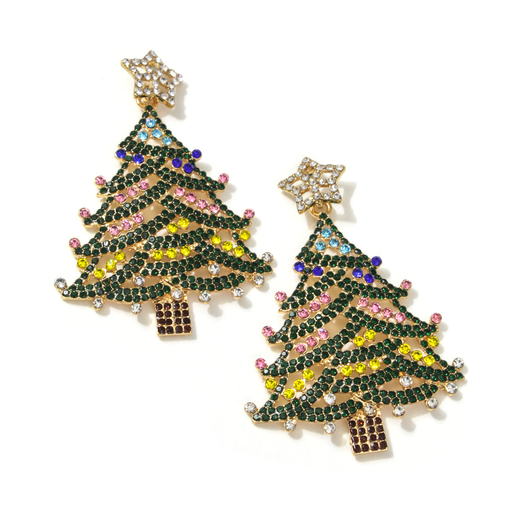 Diamond Bling Tree Earrings - Green