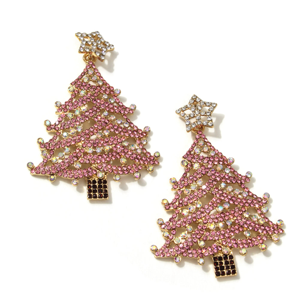 Diamond Bling Tree Earrings - Pink